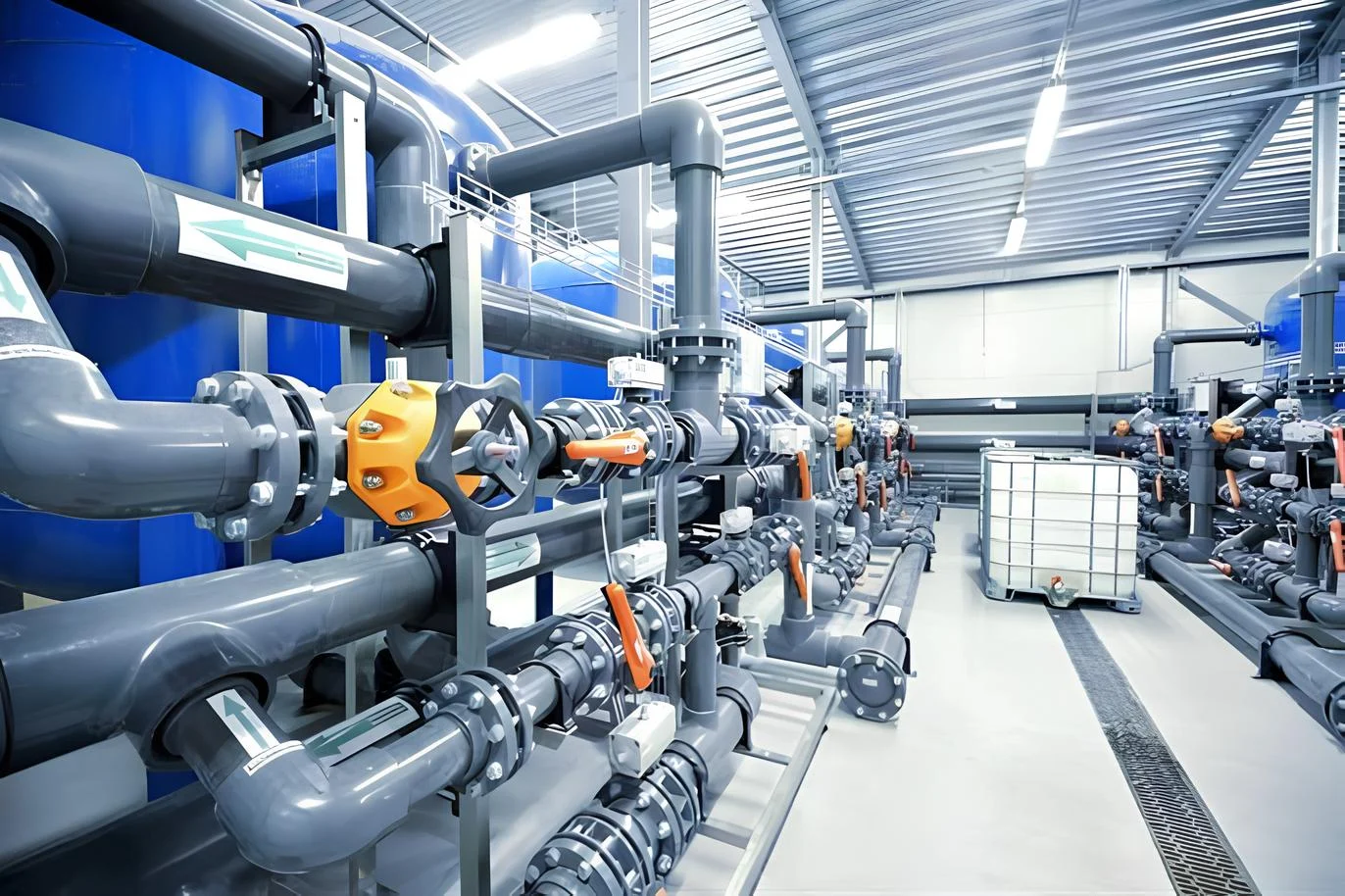 Commercial mechanical room with water piping and valves